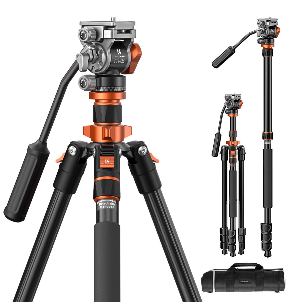 Trípode K&F Concept K234A7+FH-03 con Cabezal Fluido y Monopié 2en1
