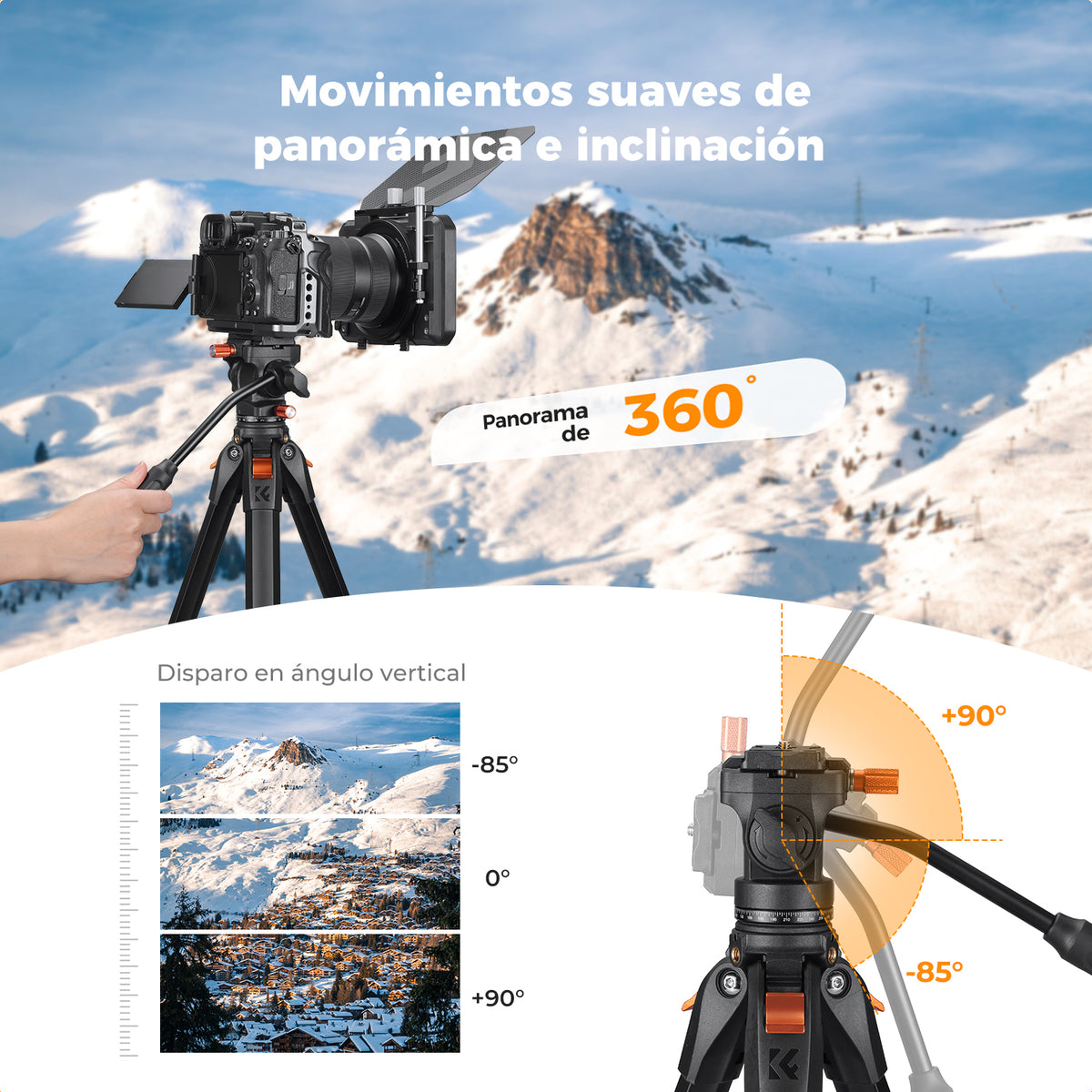 Trípode K&F Concept A305A3+FH-04 con Cabezal Fluido y Soporte Teléfono