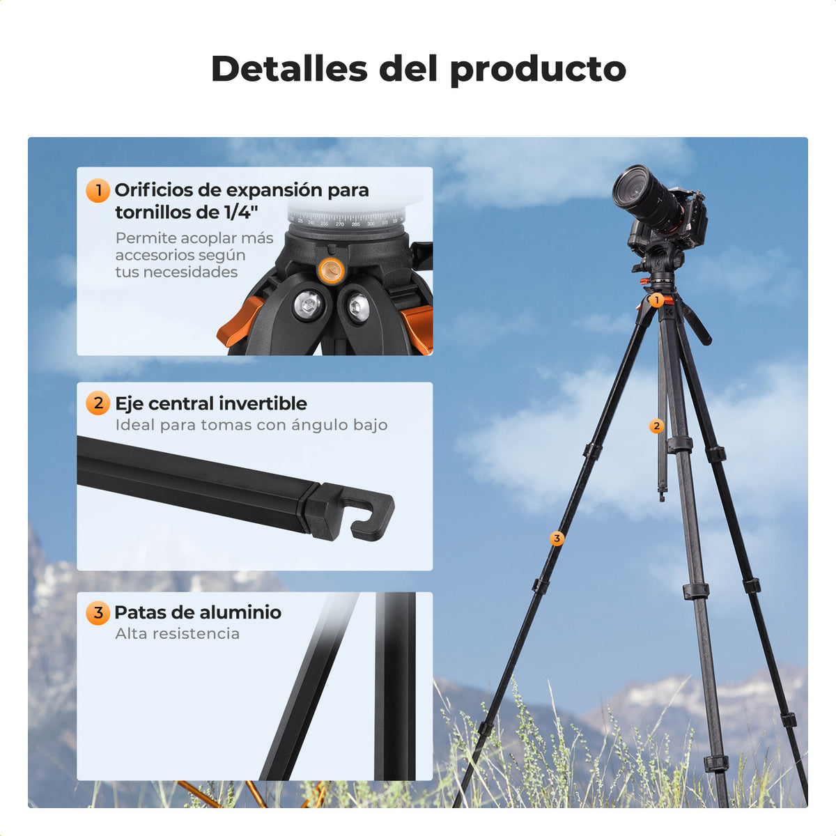 Trípode K&F Concept A305A3+FH-04 con Cabezal Fluido y Soporte Teléfono
