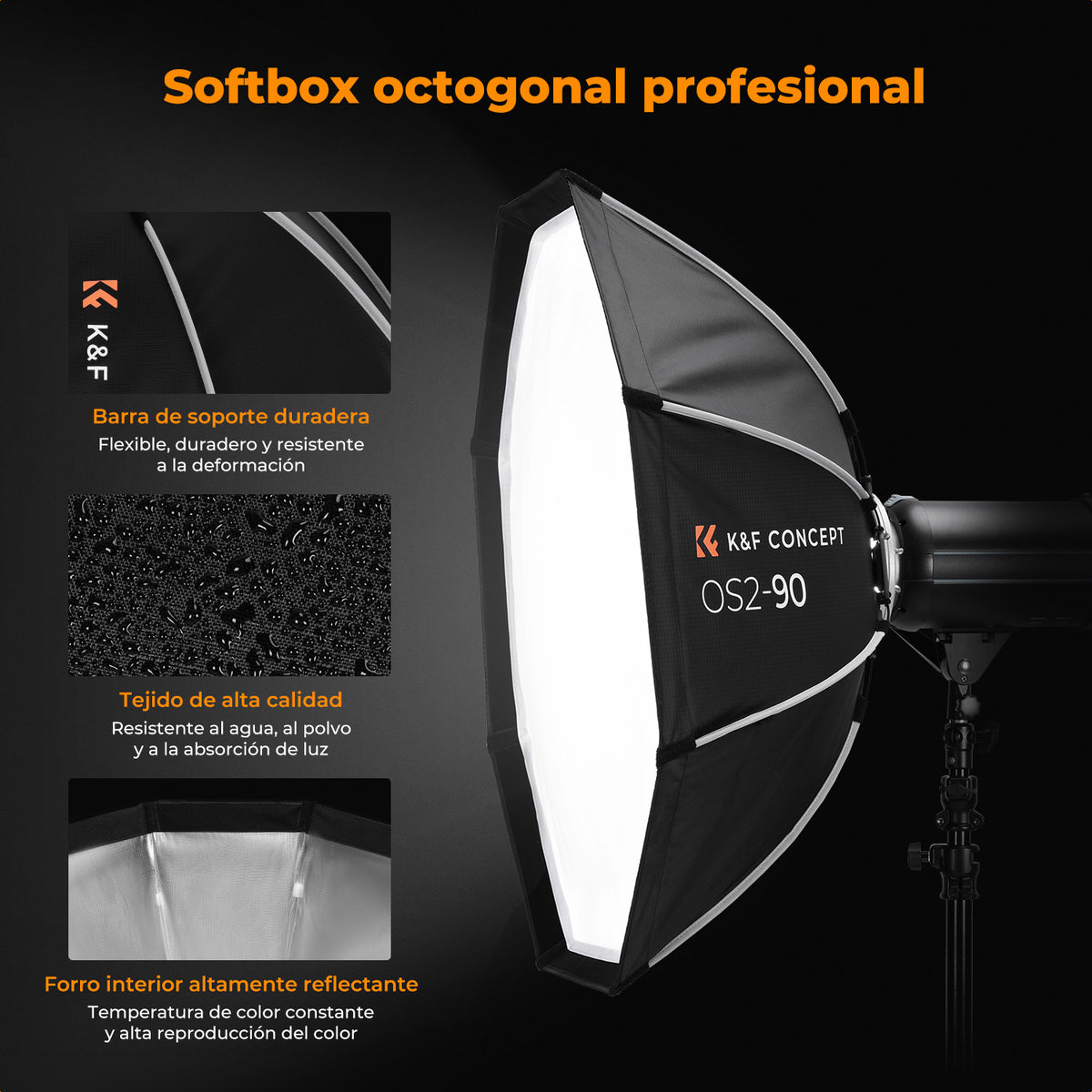 Softbox Octagonal K&F Concept 90cm Bowens con Malla y Difusor
