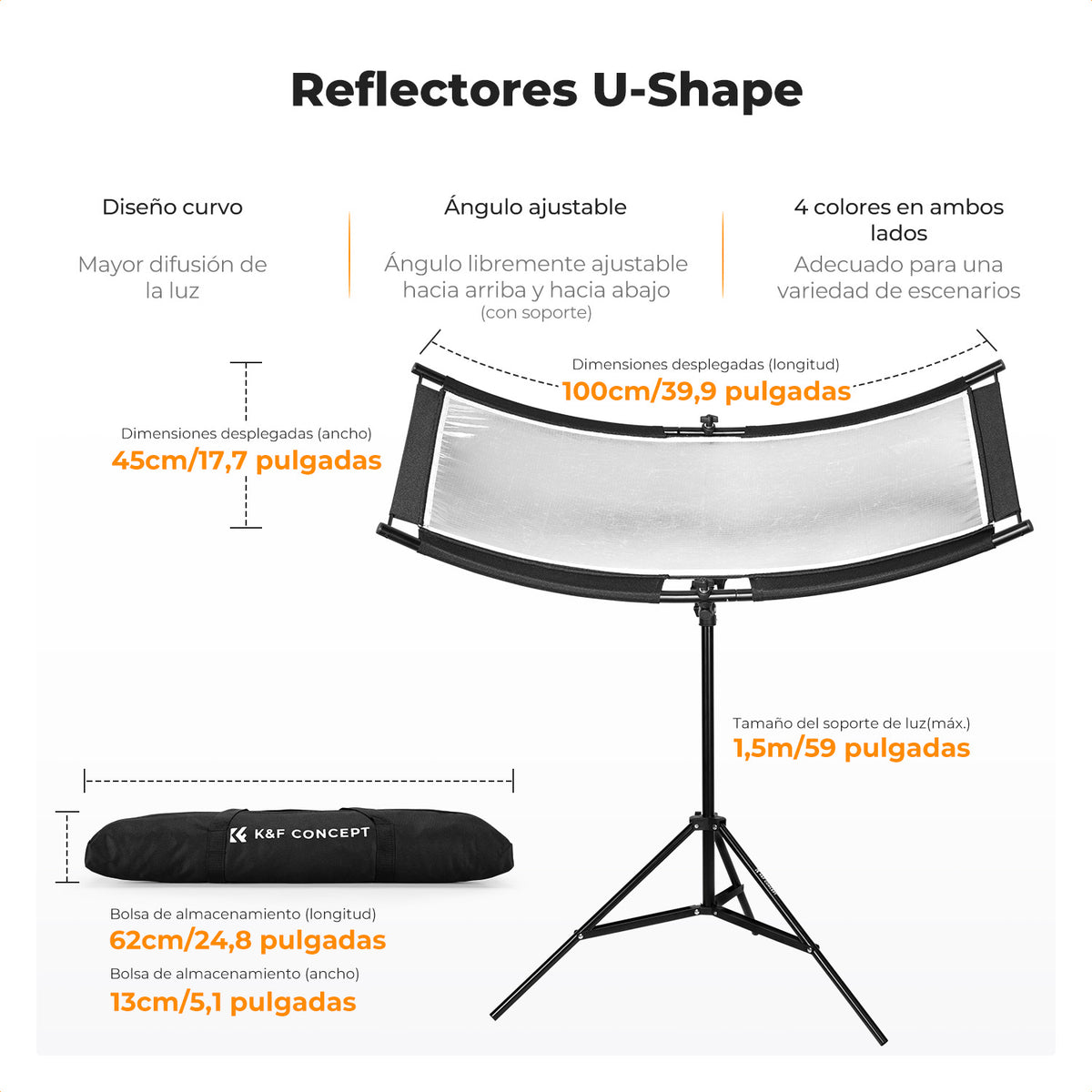 Reflector Curvo K&F Concept 4 en 1 en U 39"x17.7" con Stand 1.5m