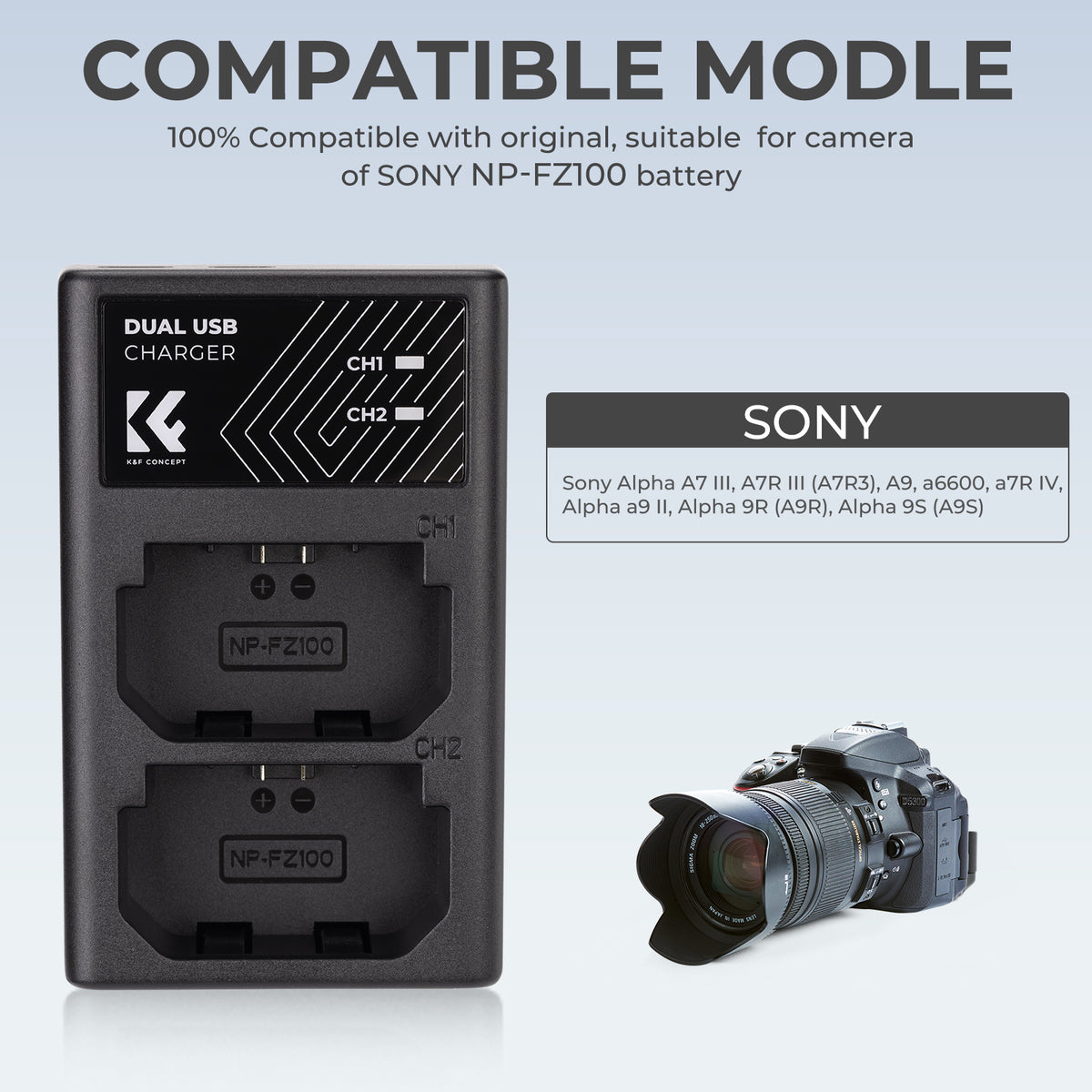 Cargador Doble K&F Concept para Batería Sony NP-FZ100 USB-C
