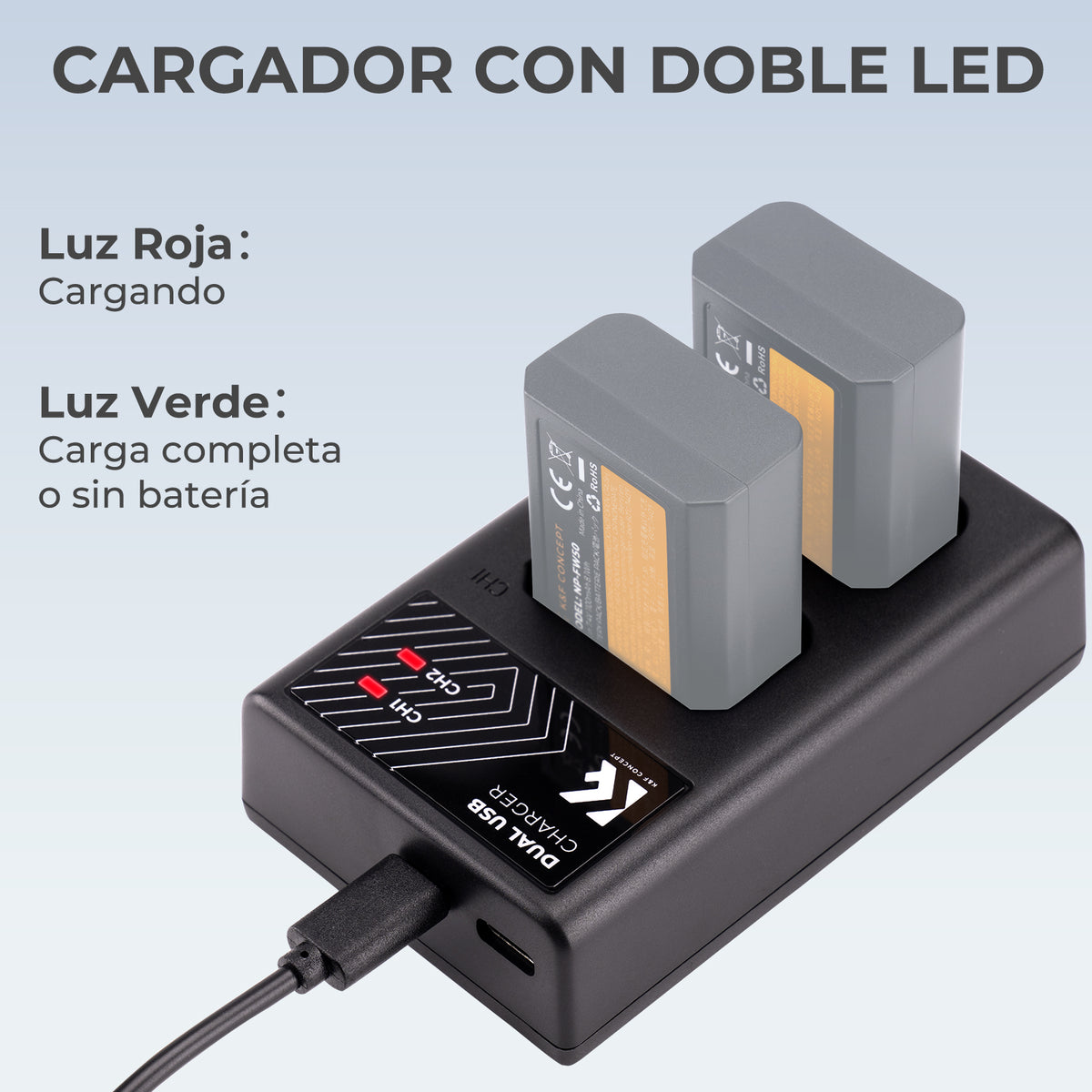Cargador Doble K&F Concept para Batería Sony NP-FW50 USB-C