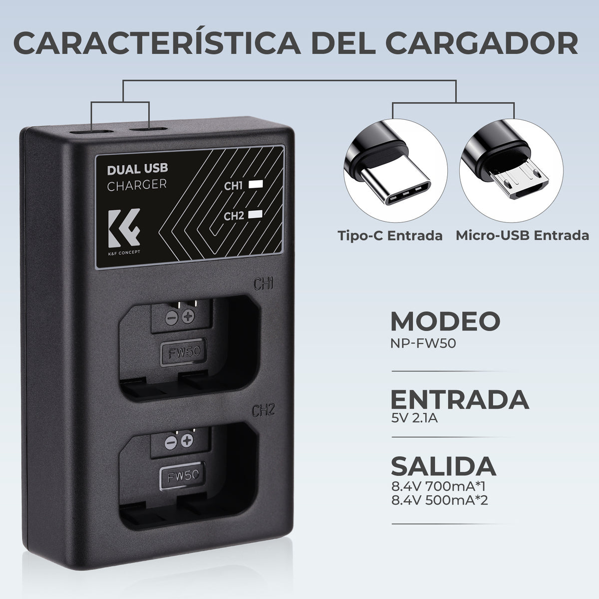 Cargador Doble K&F Concept para Batería Sony NP-FW50 USB-C