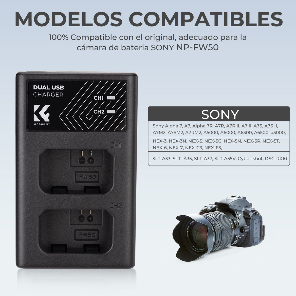 Cargador Doble K&F Concept para Batería Sony NP-FW50 USB-C