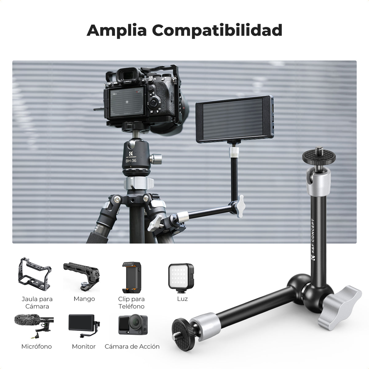 Brazo Articulado K&F Concept con Sujetador 9.8" Plateado