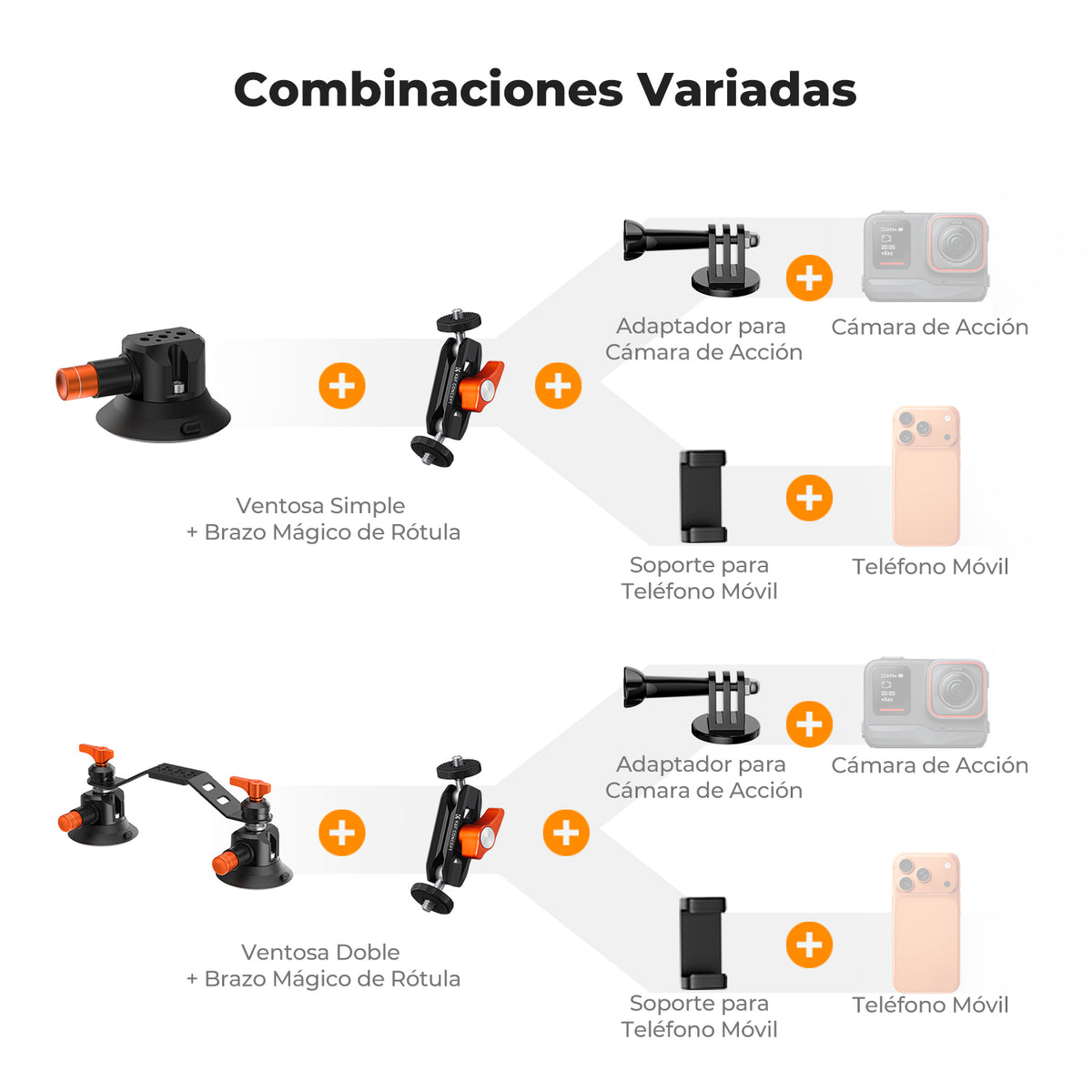 Ventosa doble K&F Concept para cámara con brazo articulado adaptador 2 en 1
